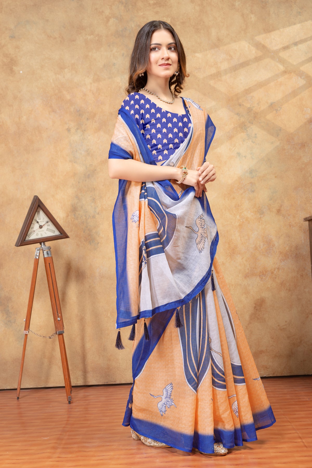 Peach Blue Crane Print Linen Cotton Saree for Women