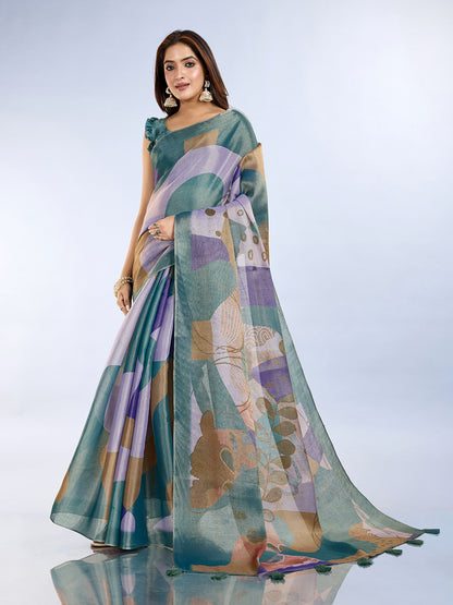 Teal Abstract Print Erode Cotton Saree with Tassels for Women