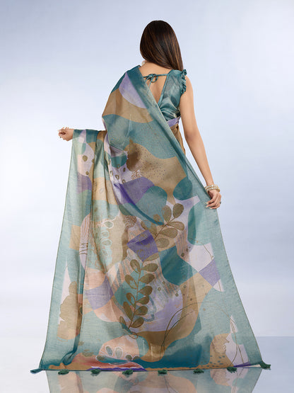 Teal Abstract Print Erode Cotton Saree with Tassels for Women