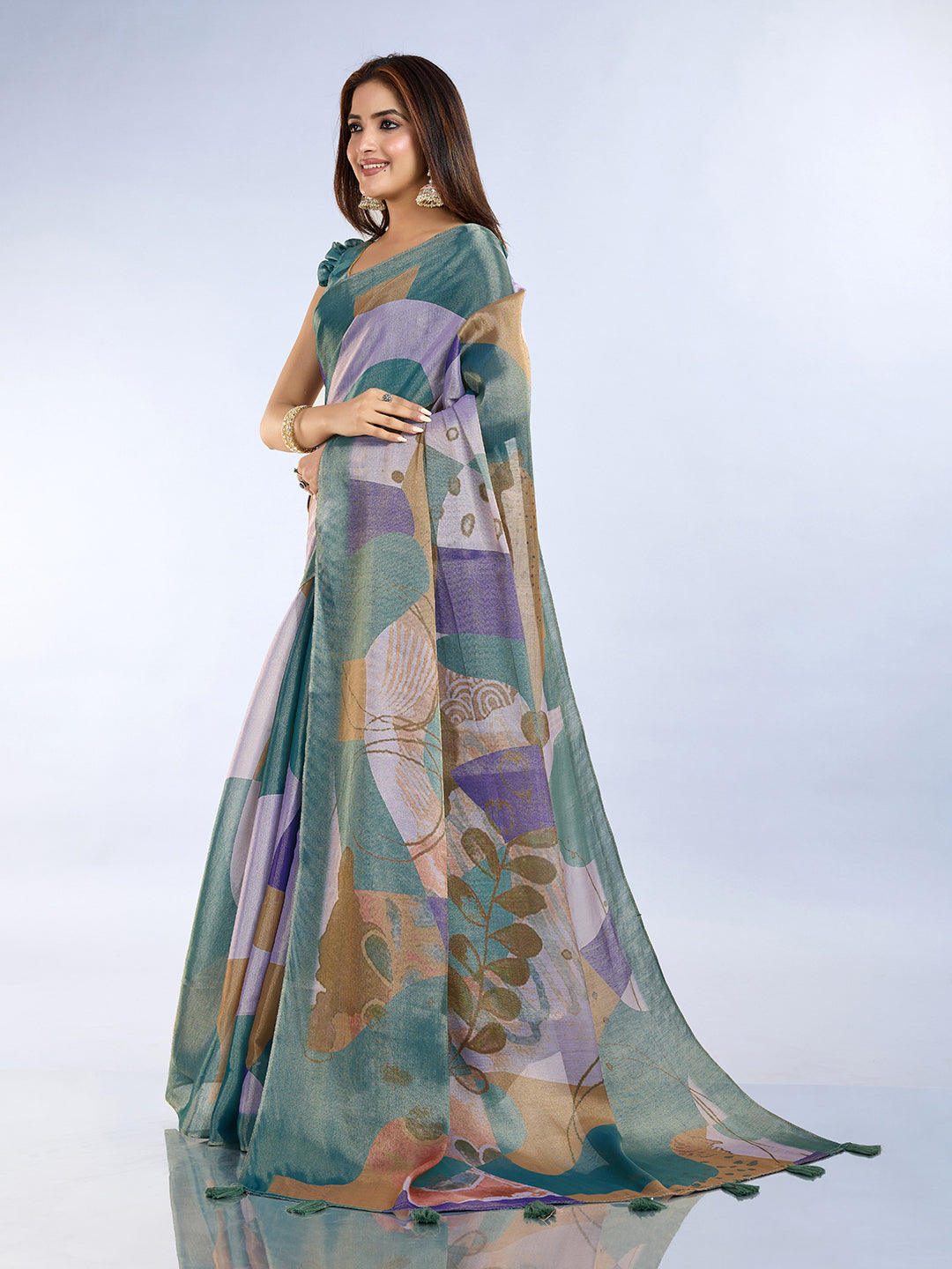 Teal Abstract Print Erode Cotton Saree with Tassels for Women