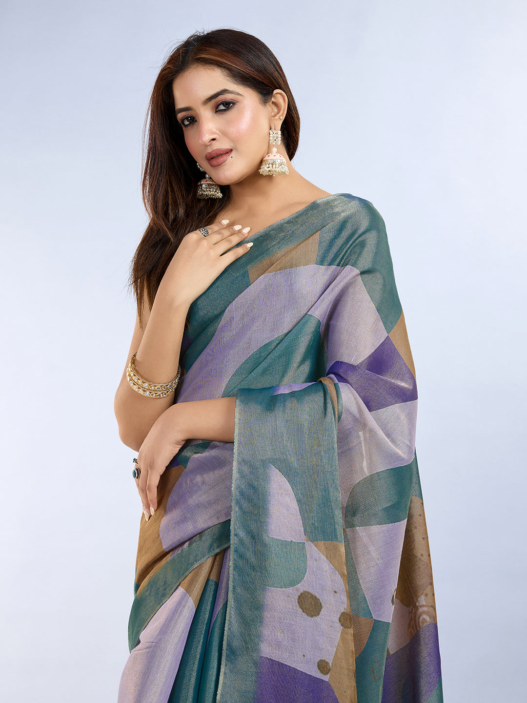 Teal Abstract Print Erode Cotton Saree with Tassels for Women