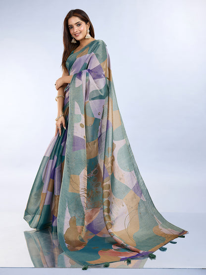 Teal Abstract Print Erode Cotton Saree with Tassels for Women