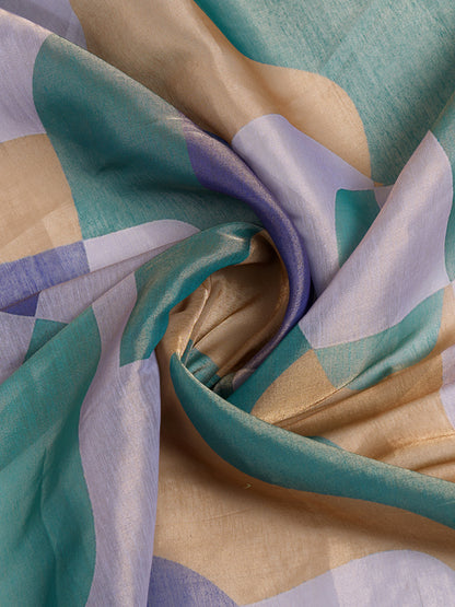 Teal Abstract Print Erode Cotton Saree with Tassels for Women