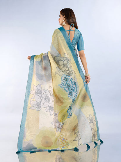Teal Floral Abstract Erode Cotton Saree with Tassel Pallu for Women
