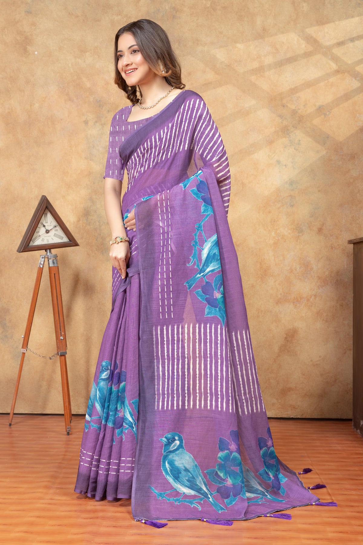 Purple Bird Print Linen Cotton Saree with Floral Pallu for Women