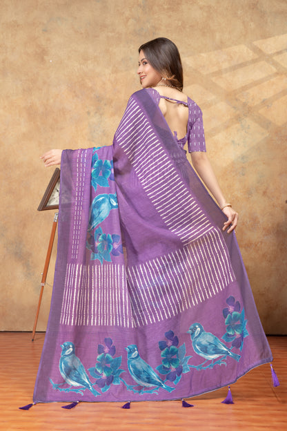 Purple Bird Print Linen Cotton Saree with Floral Pallu for Women