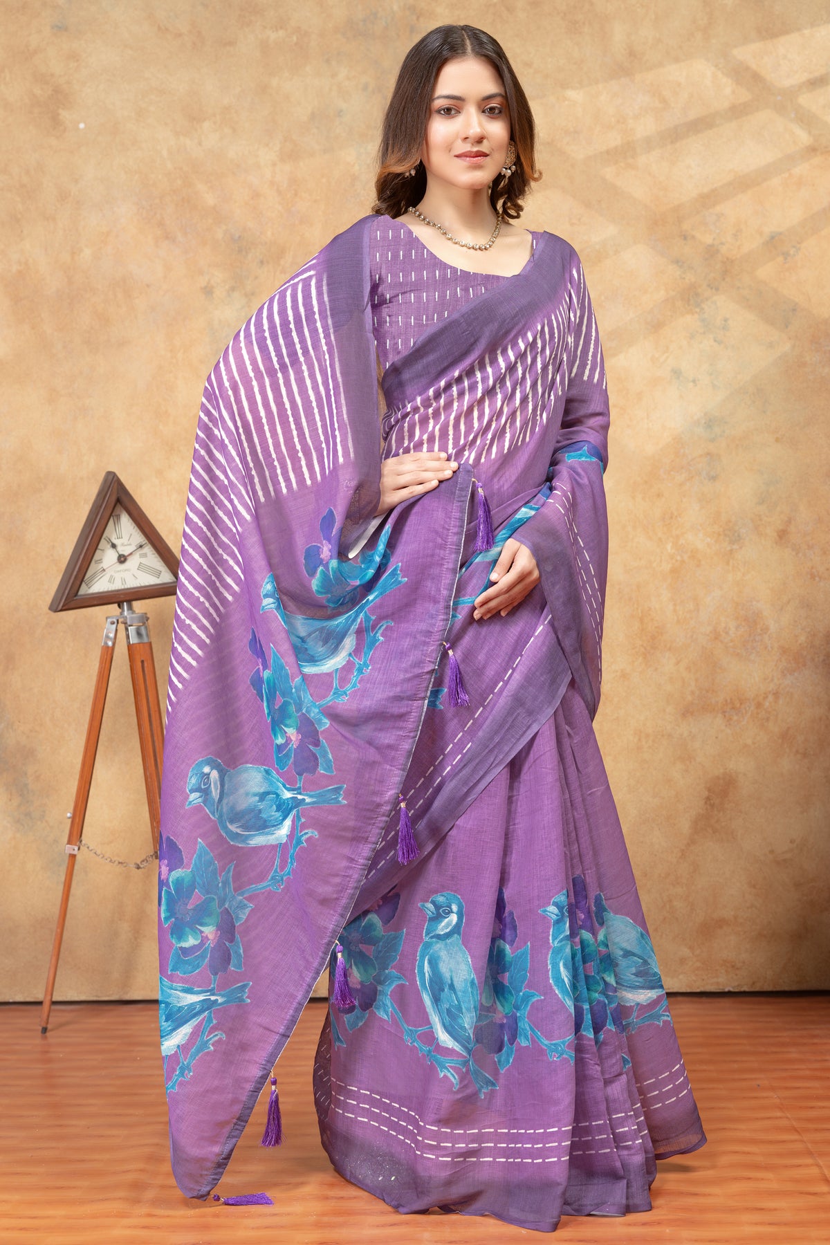 Purple Bird Print Linen Cotton Saree with Floral Pallu for Women