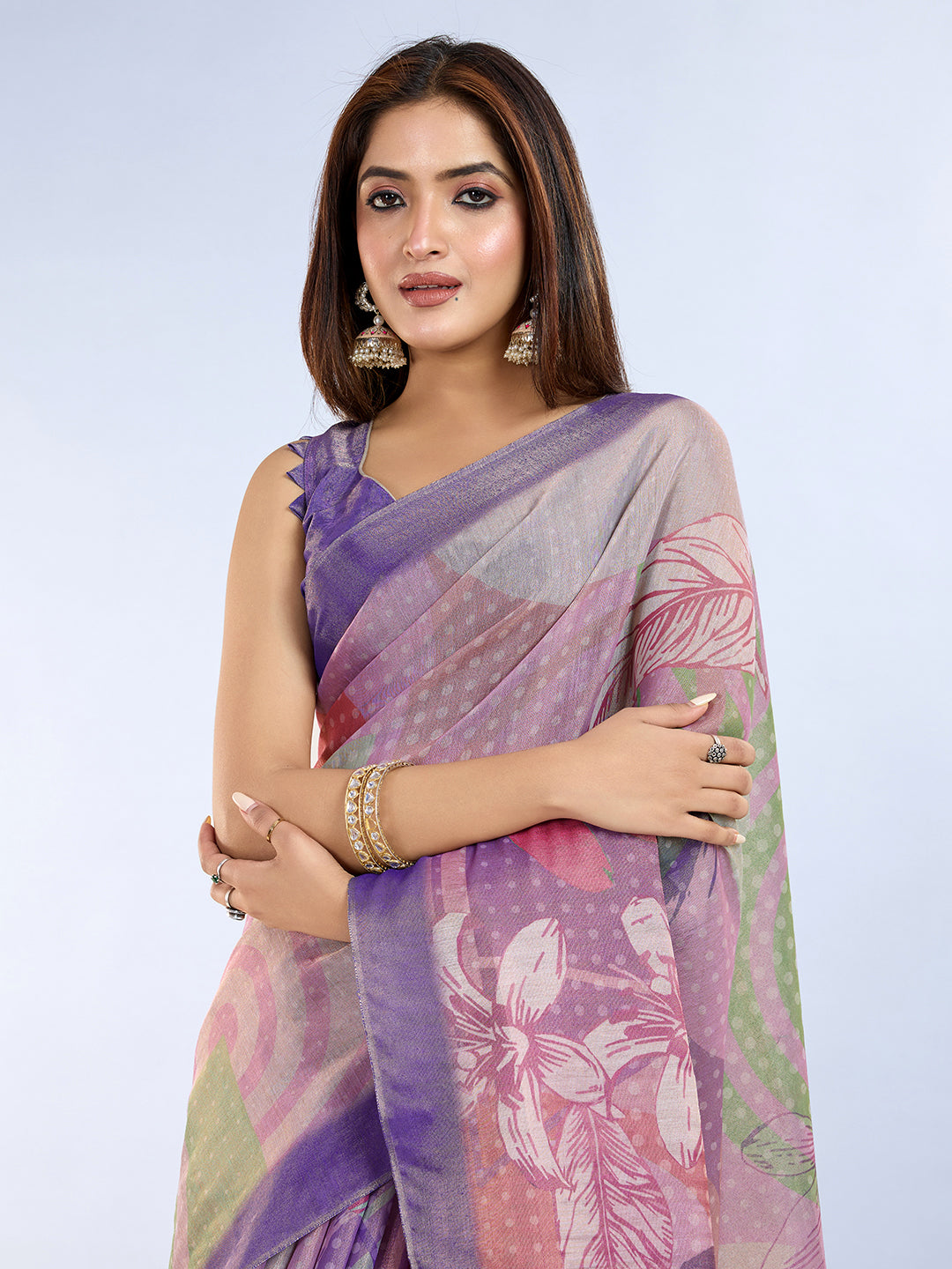 Purple Floral Erode Cotton Saree with Soft Pastel Detailing for Women