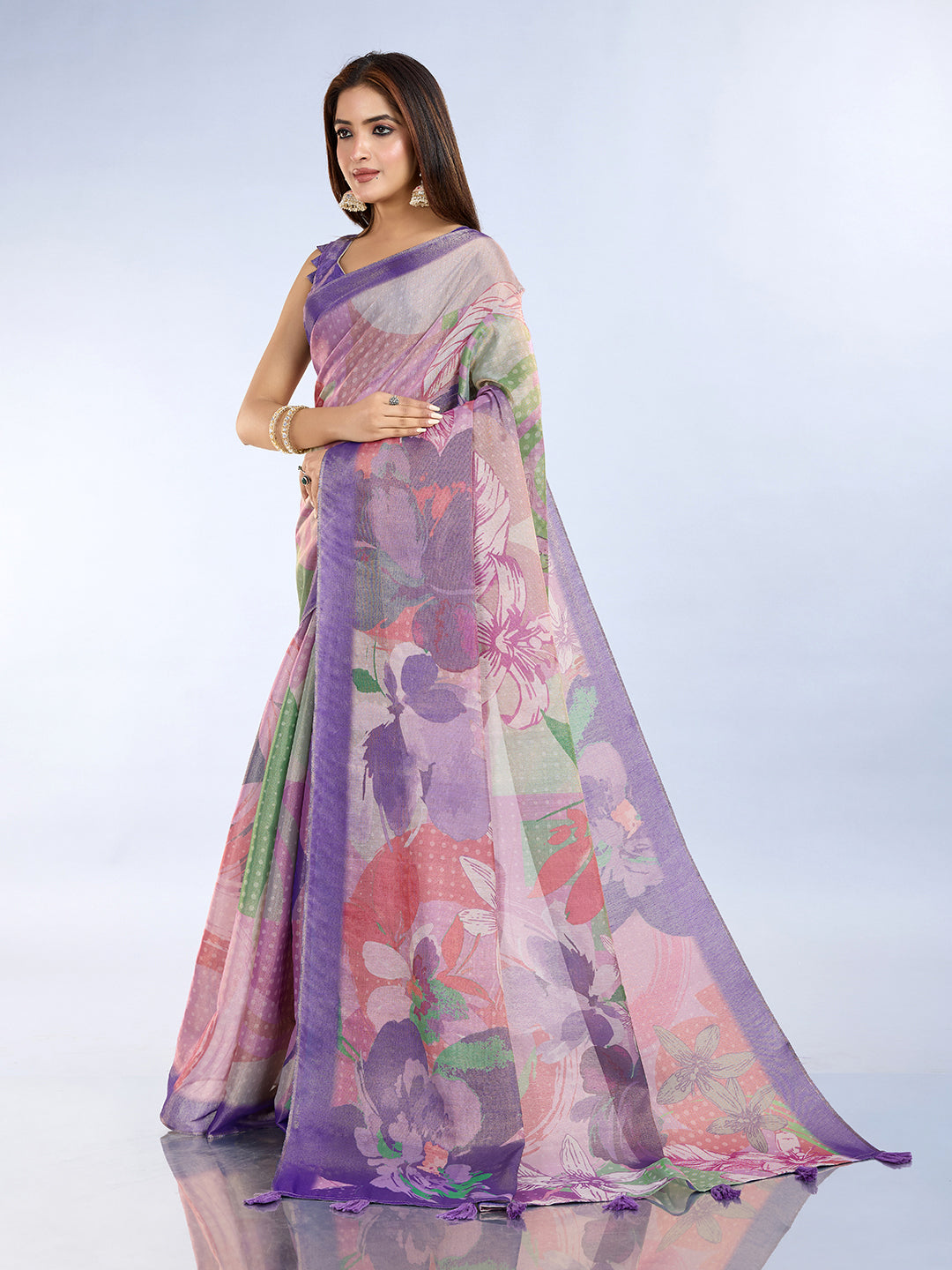 Purple Floral Erode Cotton Saree with Soft Pastel Detailing for Women