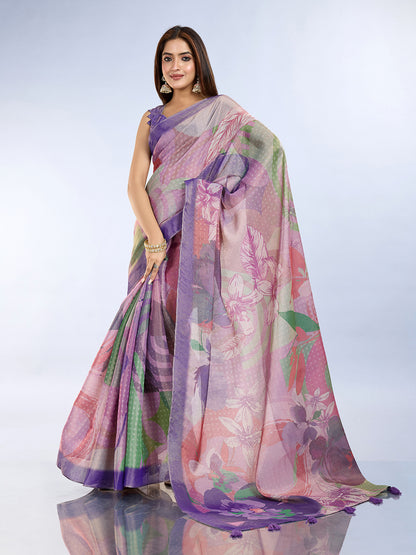 Purple Floral Erode Cotton Saree with Soft Pastel Detailing for Women