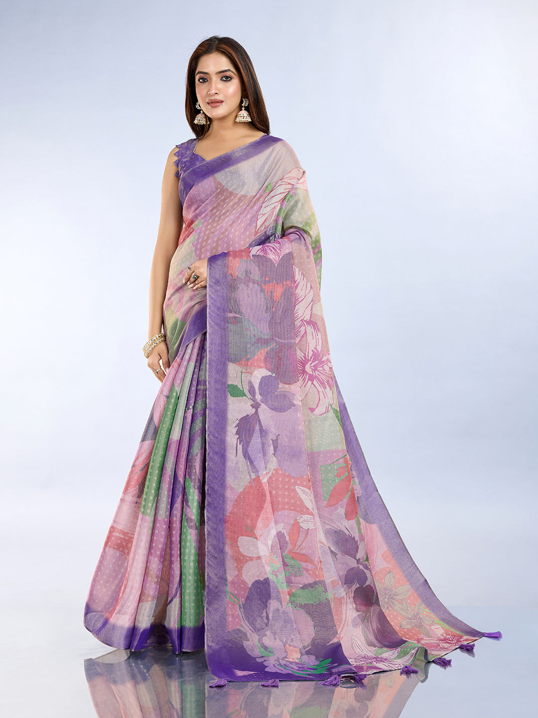 Purple Floral Erode Cotton Saree with Soft Pastel Detailing for Women