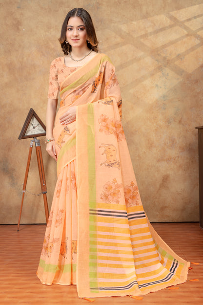 Peach Linen Cotton Floral Deer Print Saree with Striped Pallu