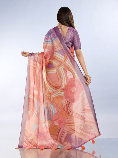 Peach Abstract Print Erode Cotton Saree with Blouse Set for Women
