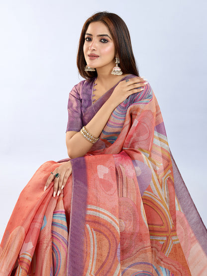 Peach Abstract Print Erode Cotton Saree with Blouse Set for Women