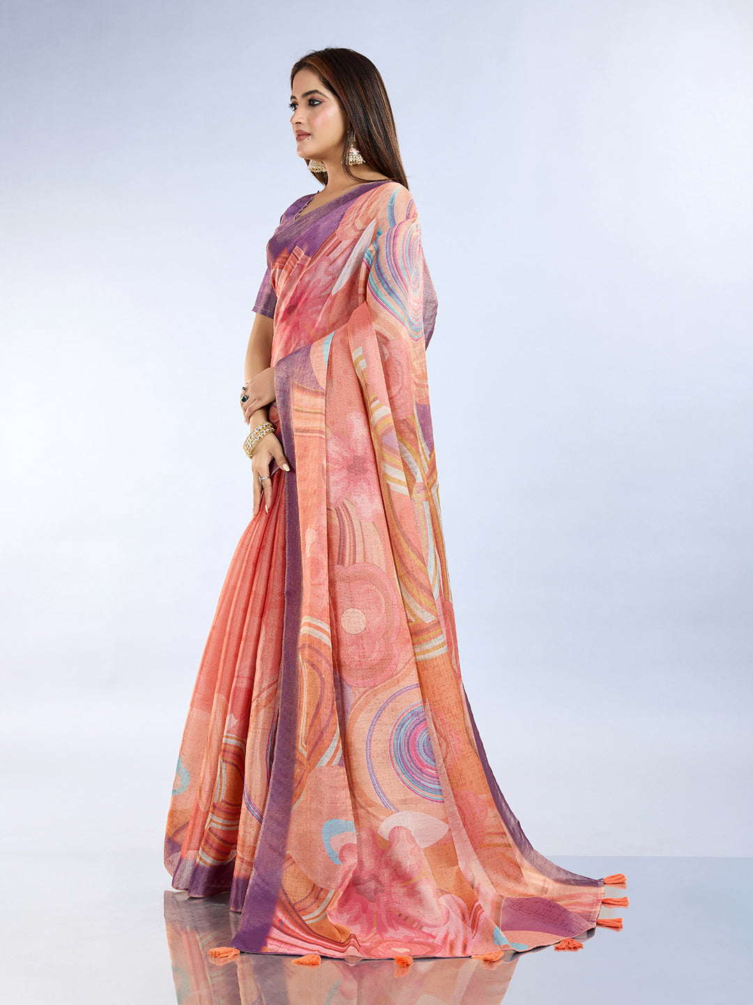 Peach Abstract Print Erode Cotton Saree with Blouse Set for Women