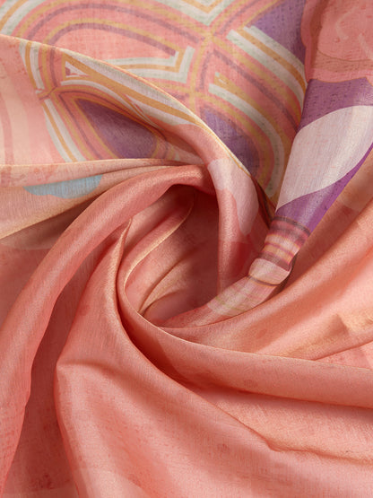 Peach Abstract Print Erode Cotton Saree with Blouse Set for Women