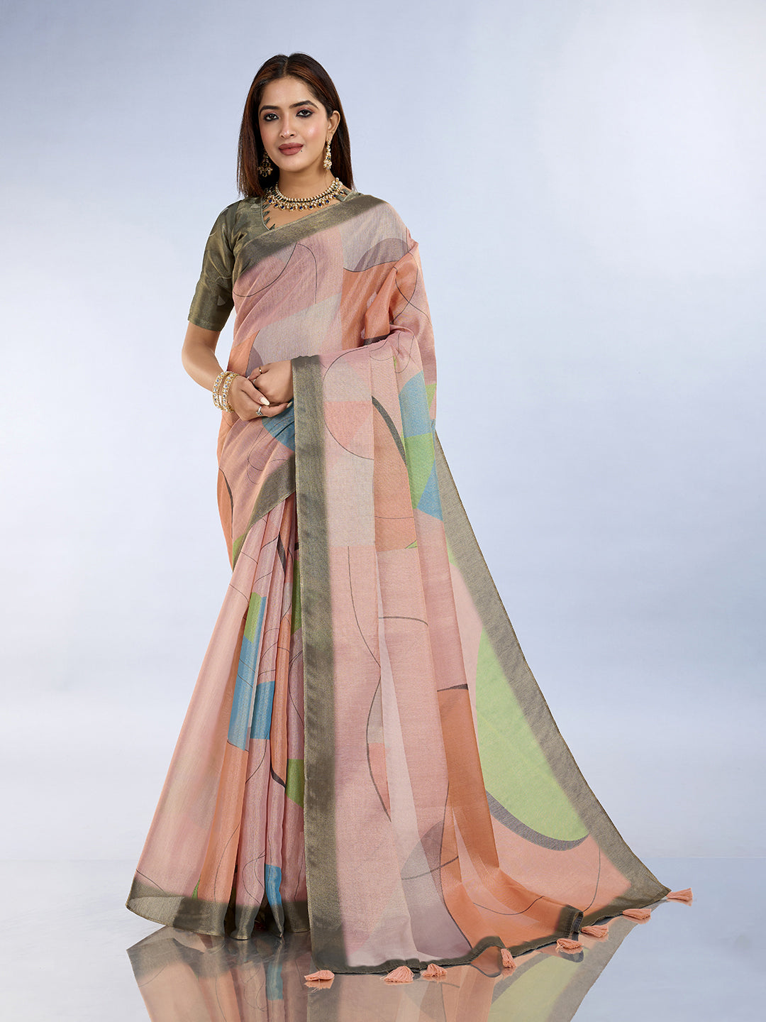 Peach Abstract Erode Cotton Saree with Contrast Border for Women