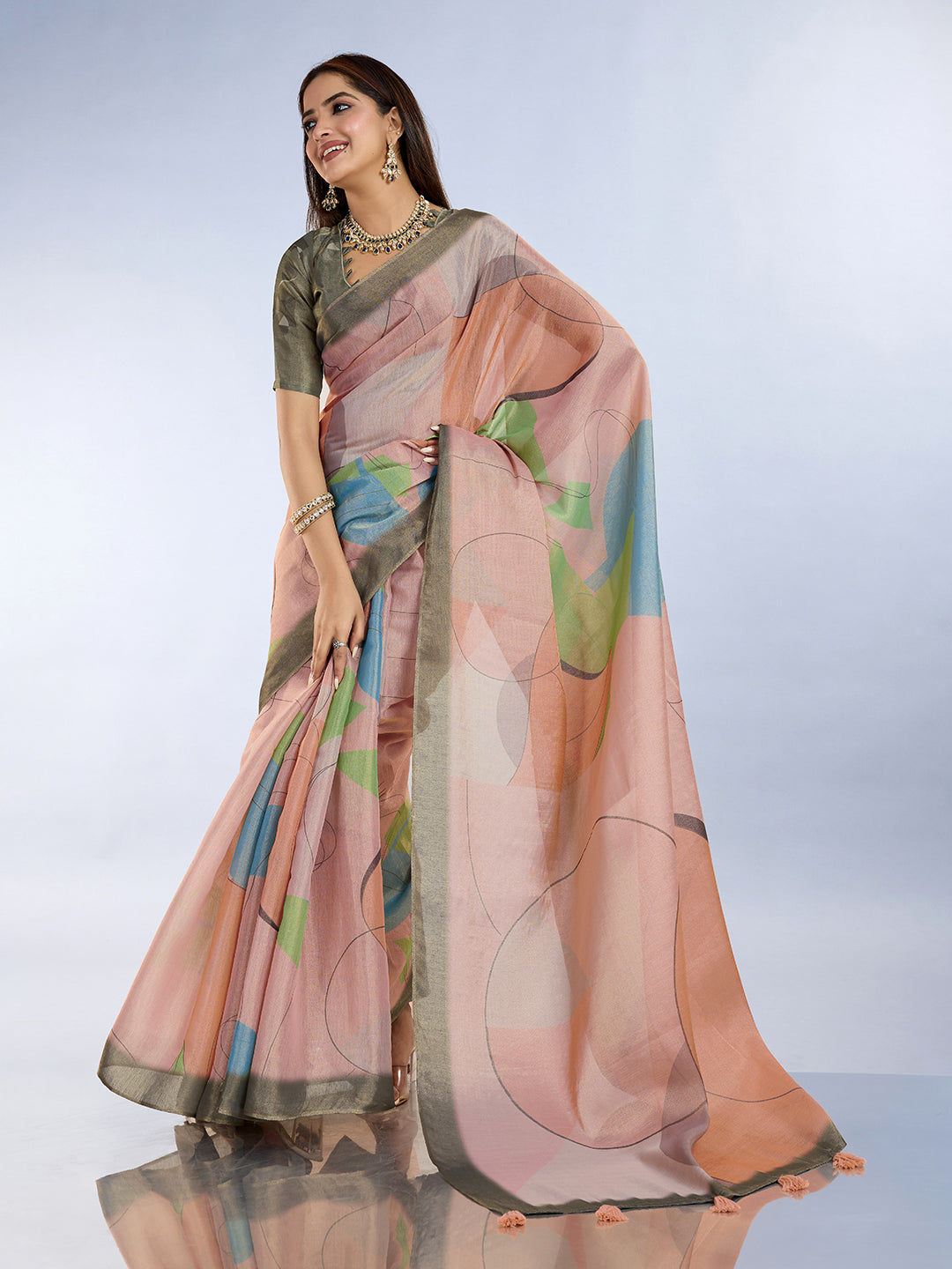 Peach Abstract Erode Cotton Saree with Contrast Border for Women