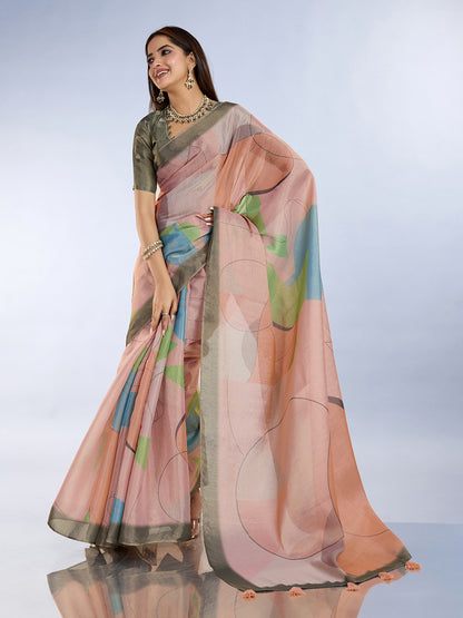 Peach Abstract Erode Cotton Saree with Contrast Border for Women