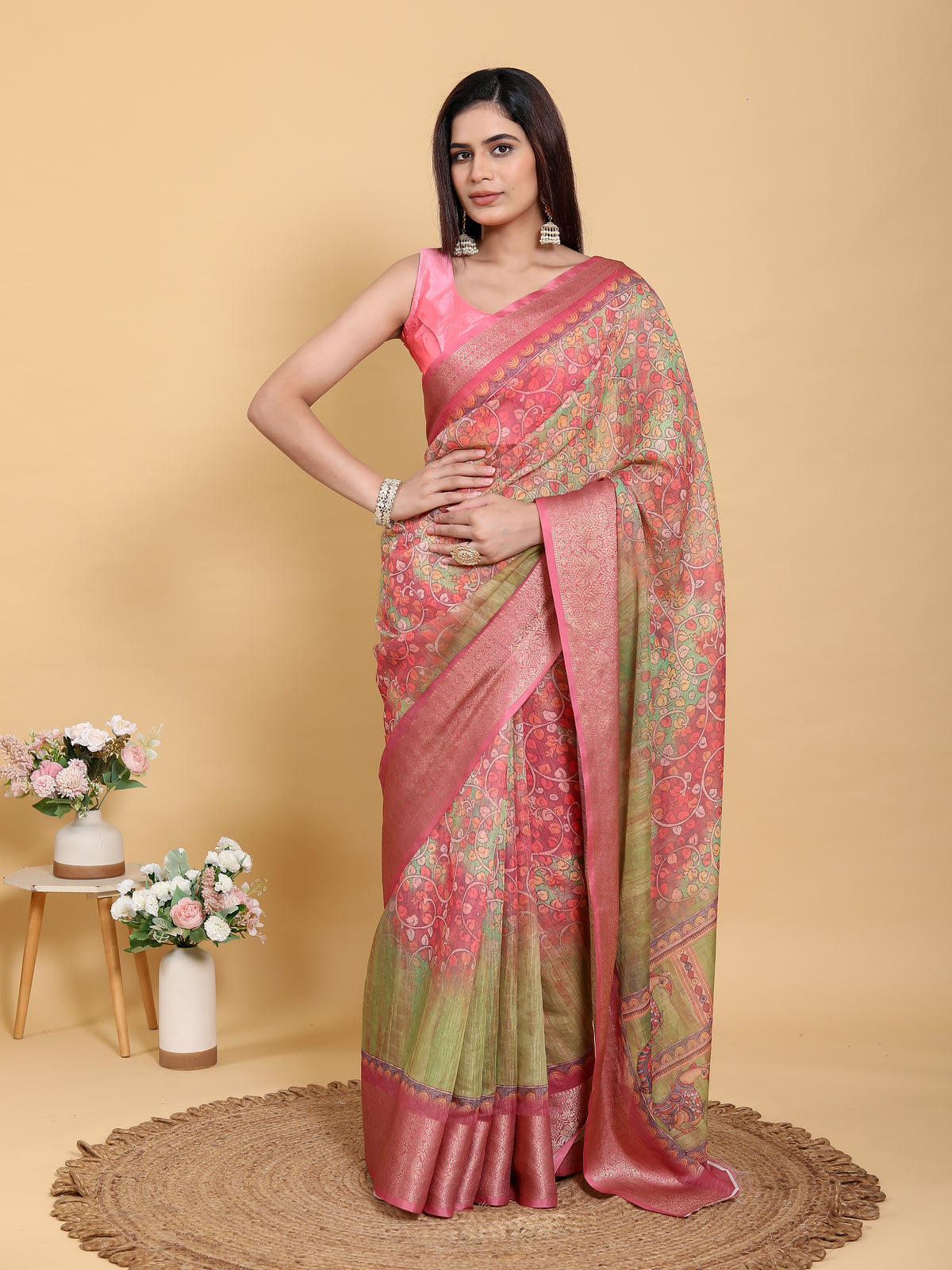 Pink Floral Kalamkari Linen Cotton Saree with Jacquard Border