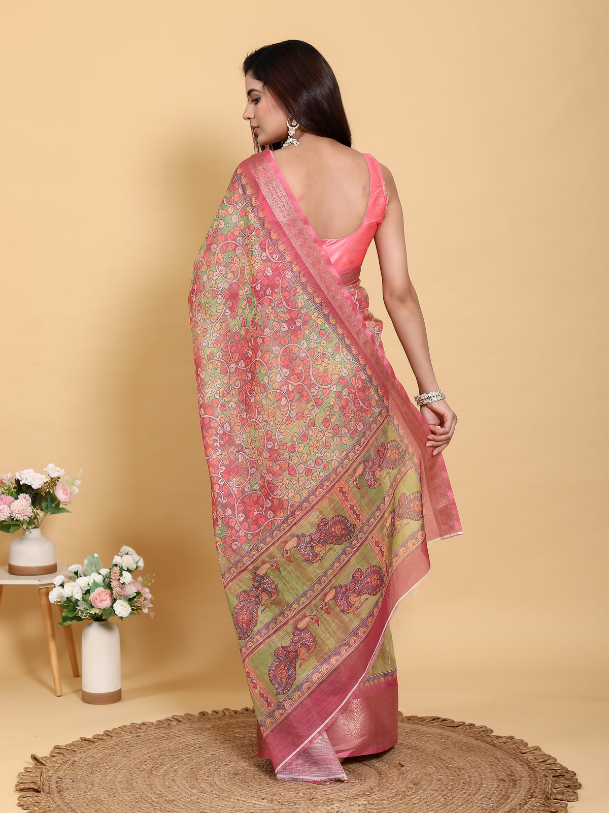 Pink Floral Kalamkari Linen Cotton Saree with Jacquard Border