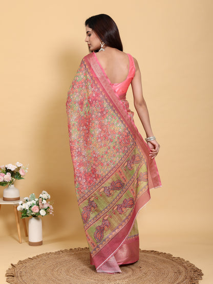 Pink Floral Kalamkari Linen Cotton Saree with Jacquard Border