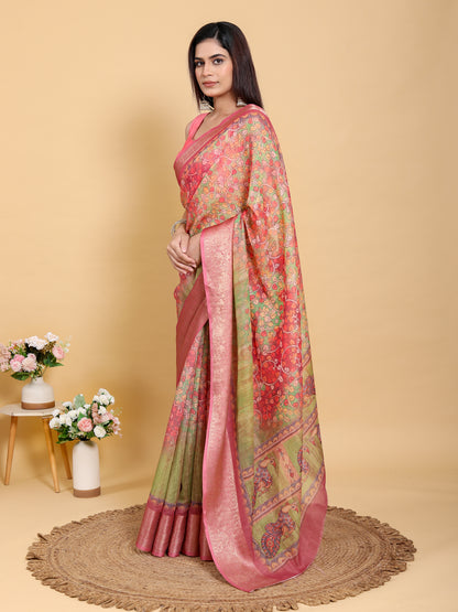 Pink Floral Kalamkari Linen Cotton Saree with Jacquard Border