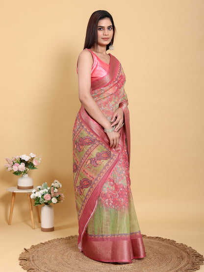 Pink Floral Kalamkari Linen Cotton Saree with Jacquard Border