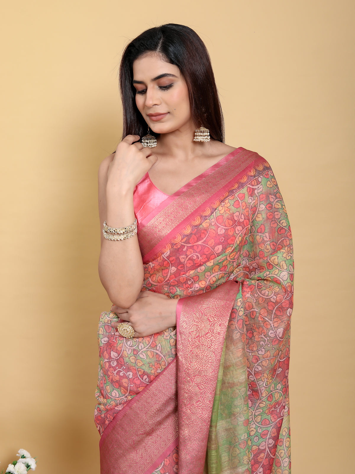 Pink Floral Kalamkari Linen Cotton Saree with Jacquard Border