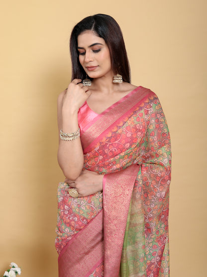 Pink Floral Kalamkari Linen Cotton Saree with Jacquard Border