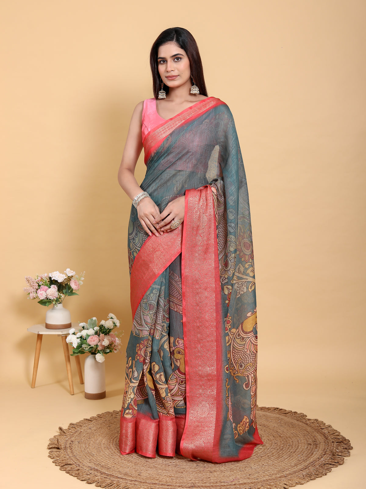 Teal Blue Kalamkari Linen Cotton Saree with Coral Border for Women