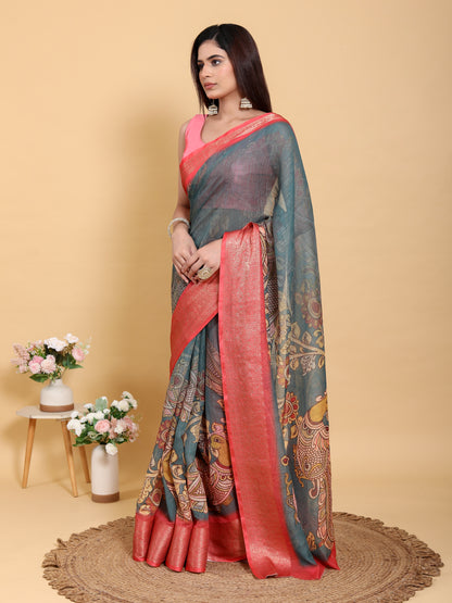 Teal Blue Kalamkari Linen Cotton Saree with Coral Border for Women