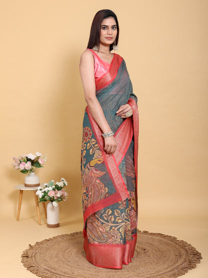 Teal Blue Kalamkari Linen Cotton Saree with Coral Border for Women