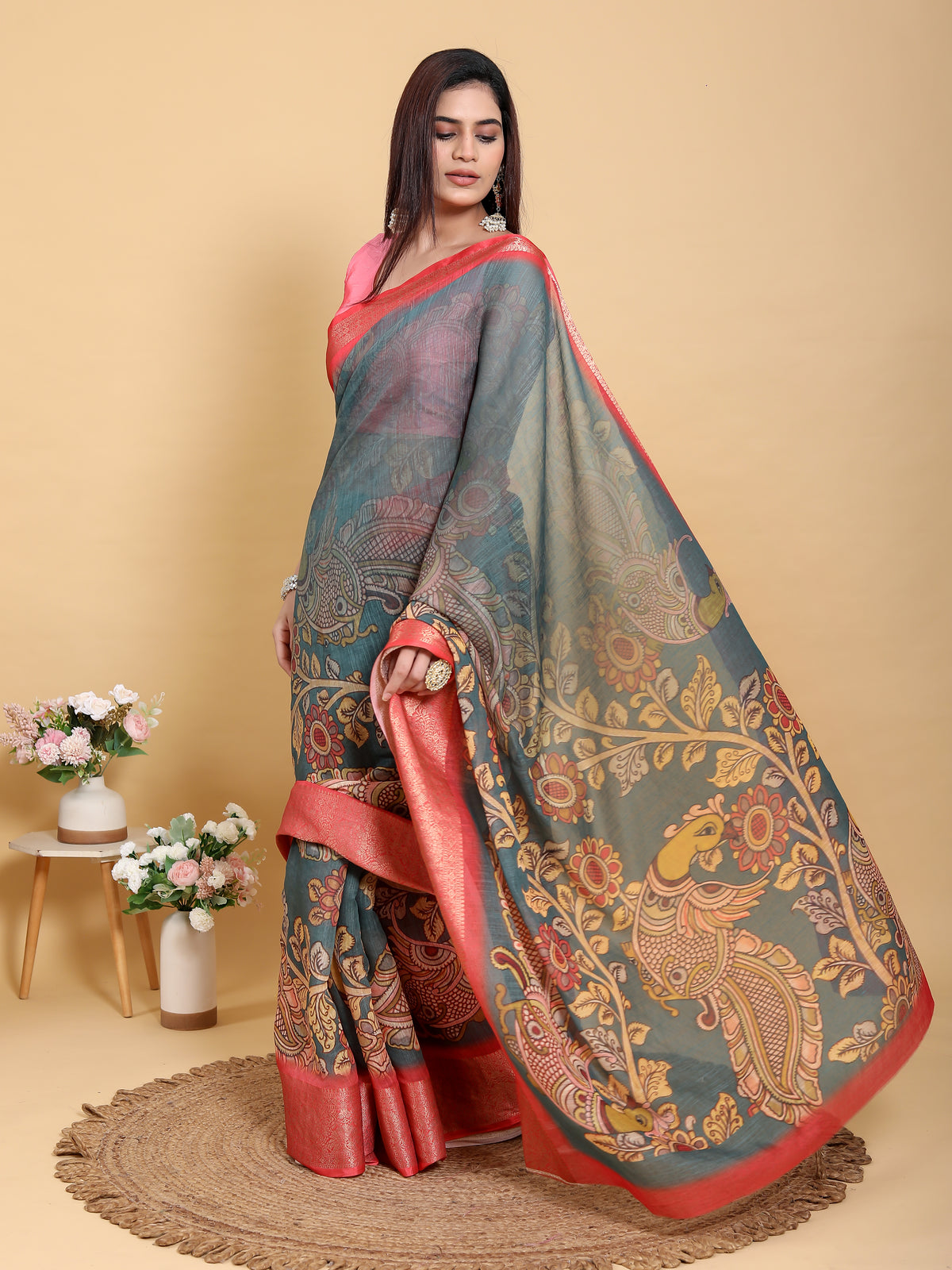 Teal Blue Kalamkari Linen Cotton Saree with Coral Border for Women