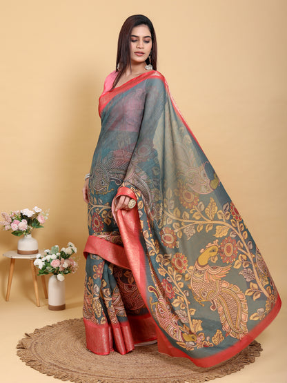 Teal Blue Kalamkari Linen Cotton Saree with Coral Border for Women