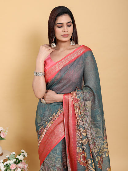 Teal Blue Kalamkari Linen Cotton Saree with Coral Border for Women