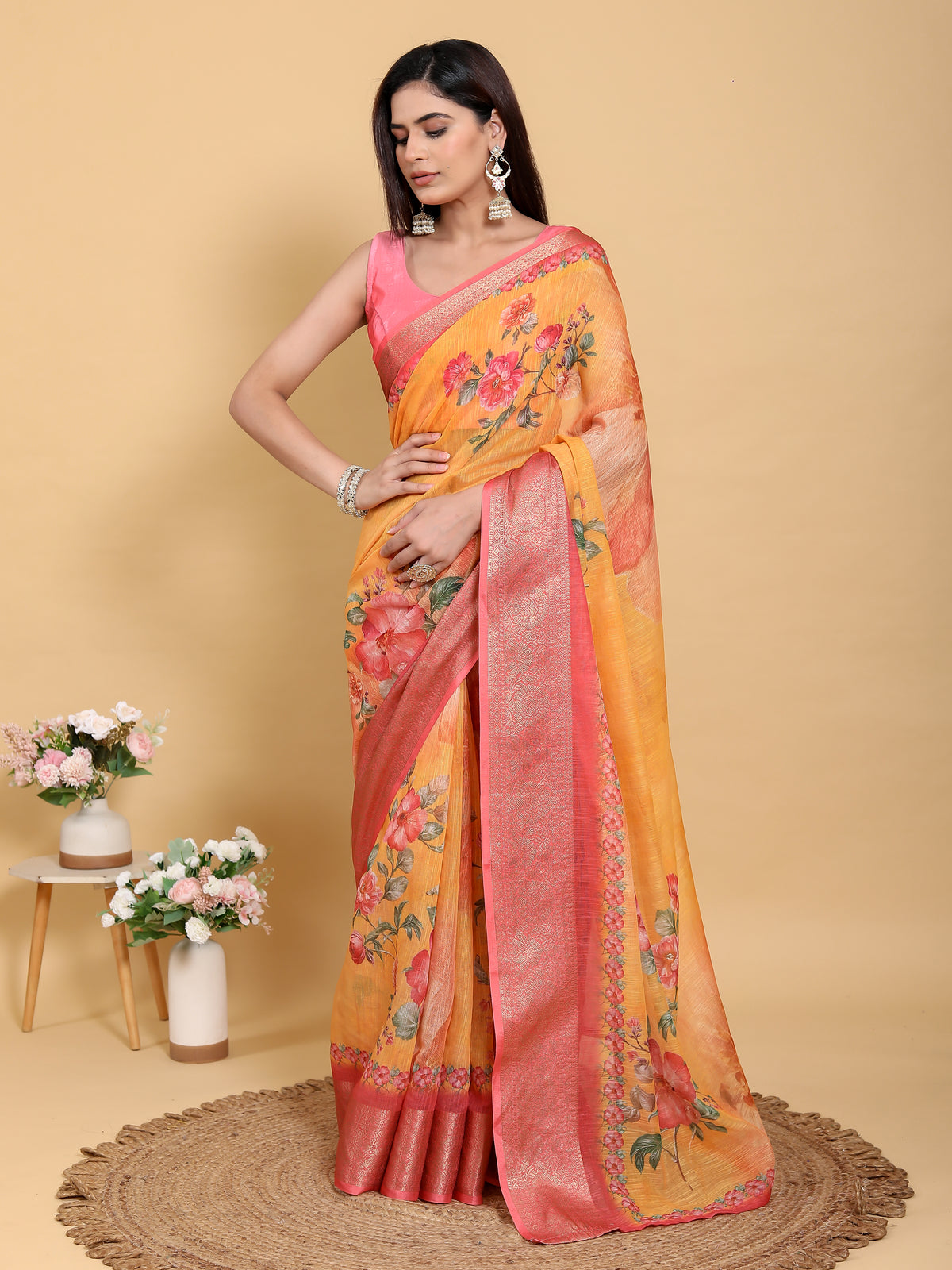 Mustard Floral Linen Cotton Saree with Jacquard Pink Border for Women