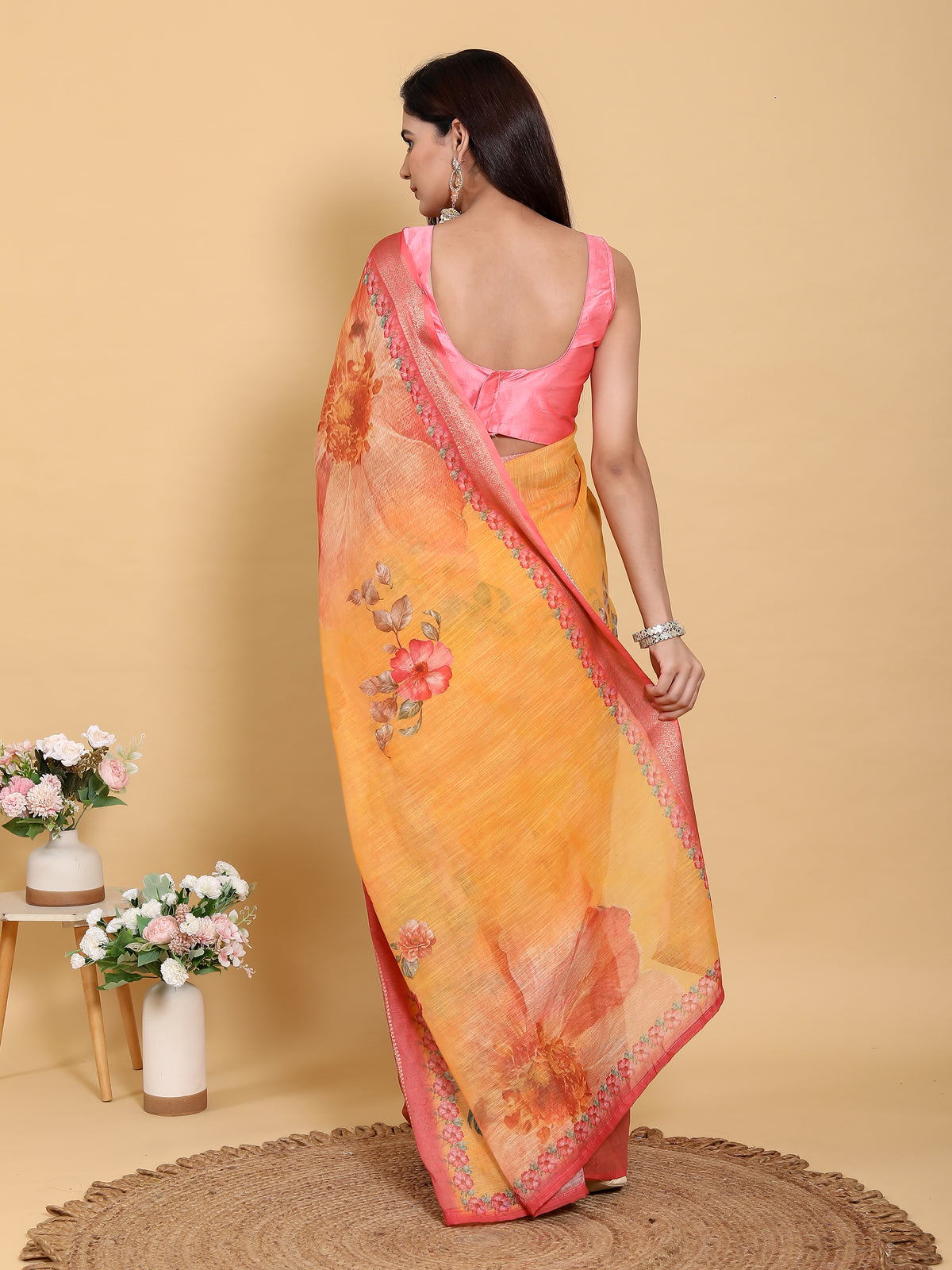 Mustard Floral Linen Cotton Saree with Jacquard Pink Border for Women