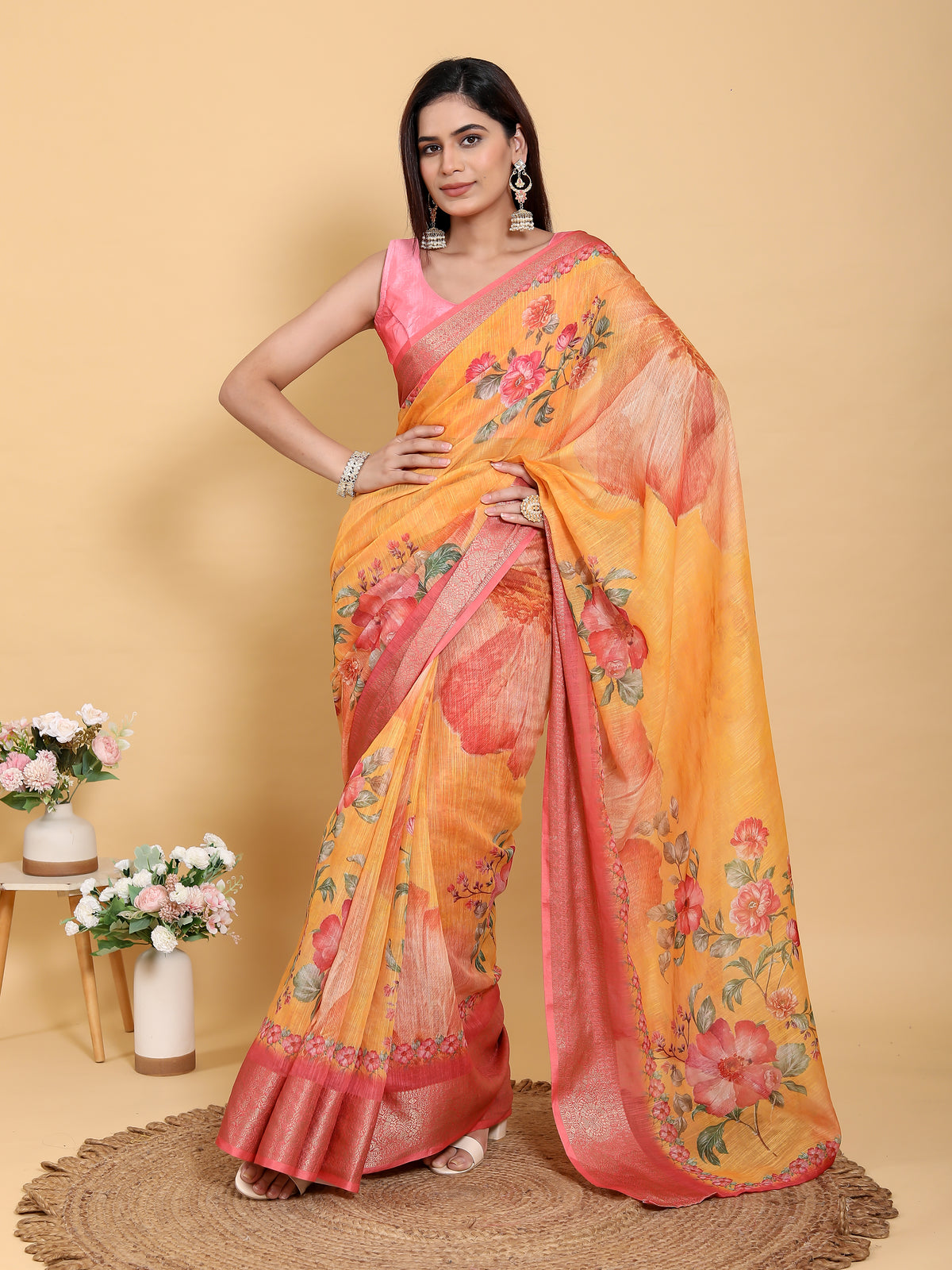 Mustard Floral Linen Cotton Saree with Jacquard Pink Border for Women