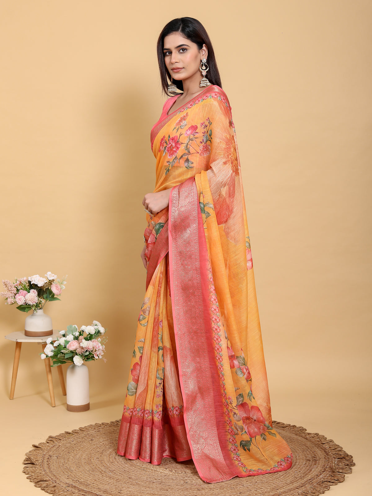 Mustard Floral Linen Cotton Saree with Jacquard Pink Border for Women