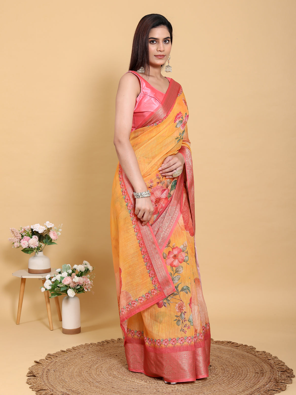 Mustard Floral Linen Cotton Saree with Jacquard Pink Border for Women