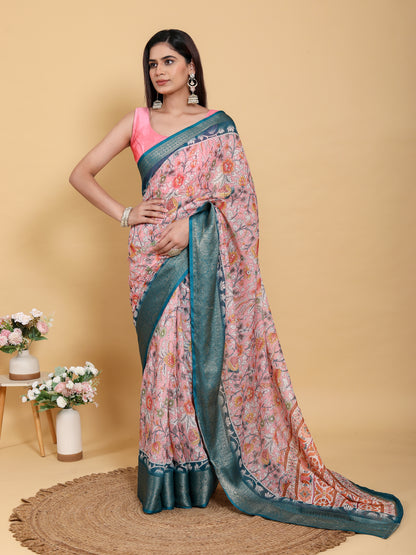 Rose Pink Floral Saree with Rich Teal Jacquard Woven Border for Women