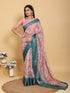 Rose Pink Floral Saree with Rich Teal Jacquard Woven Border for Women