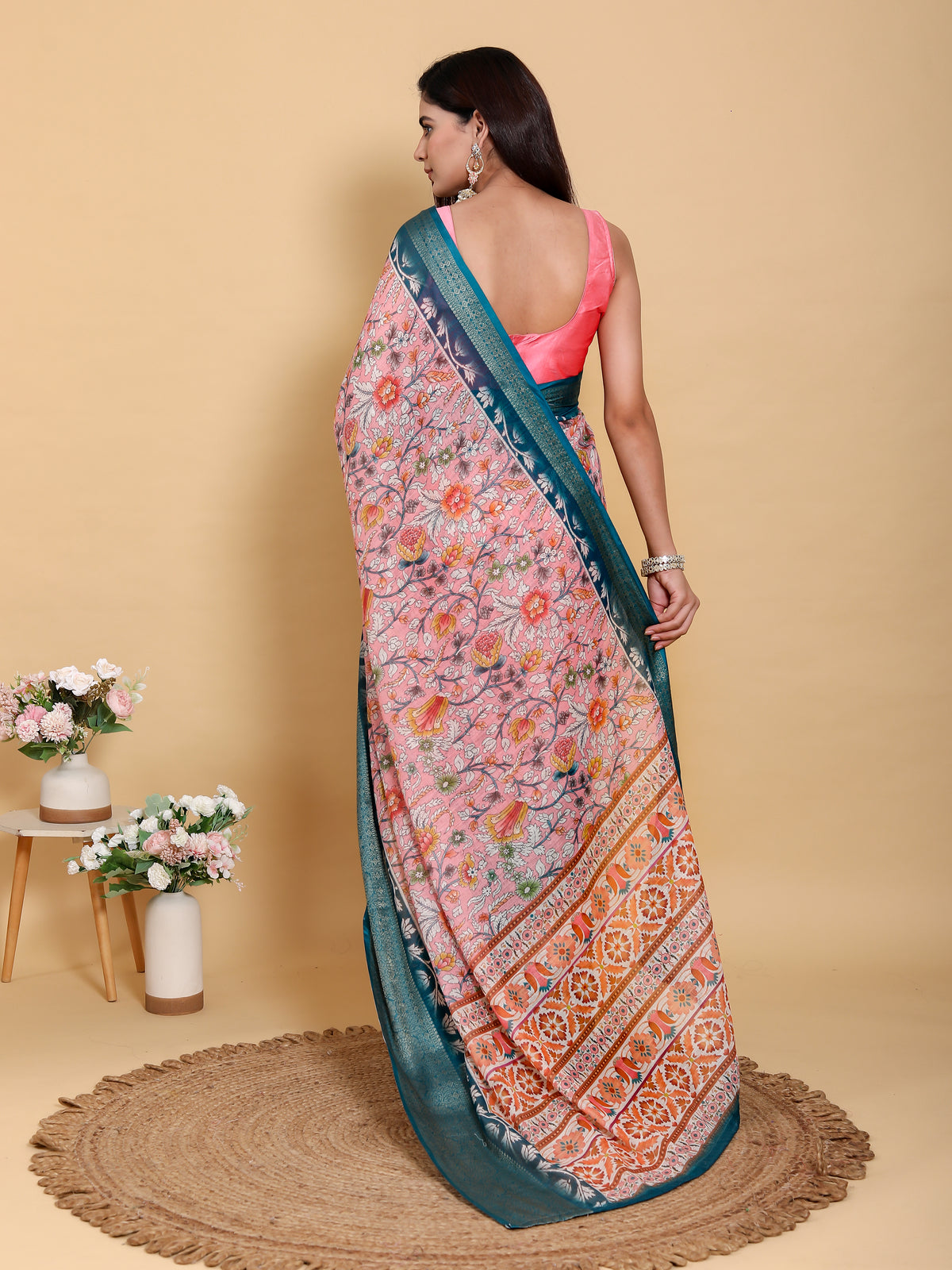 Rose Pink Floral Saree with Rich Teal Jacquard Woven Border for Women