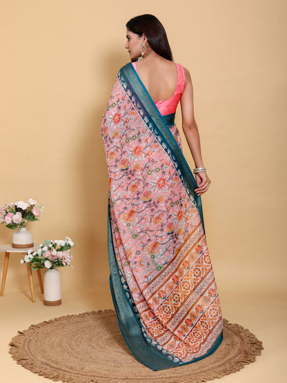 Rose Pink Floral Saree with Rich Teal Jacquard Woven Border for Women