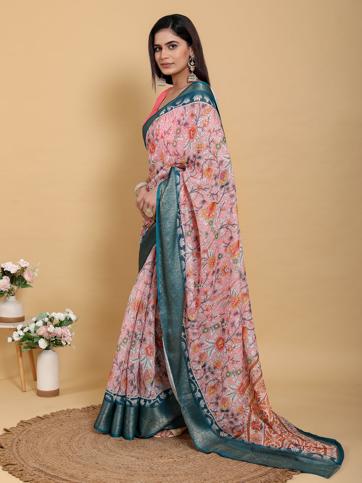 Rose Pink Floral Saree with Rich Teal Jacquard Woven Border for Women
