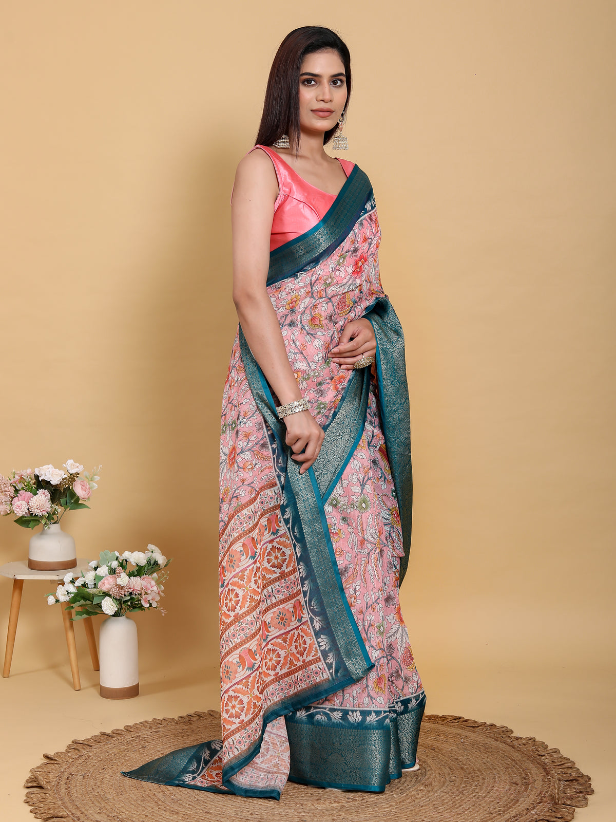 Rose Pink Floral Saree with Rich Teal Jacquard Woven Border for Women