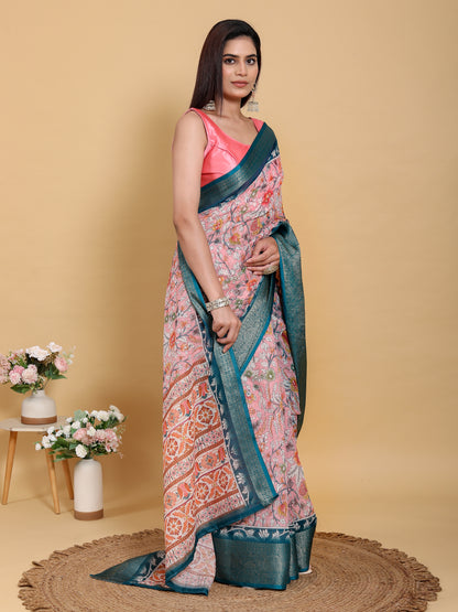 Rose Pink Floral Saree with Rich Teal Jacquard Woven Border for Women