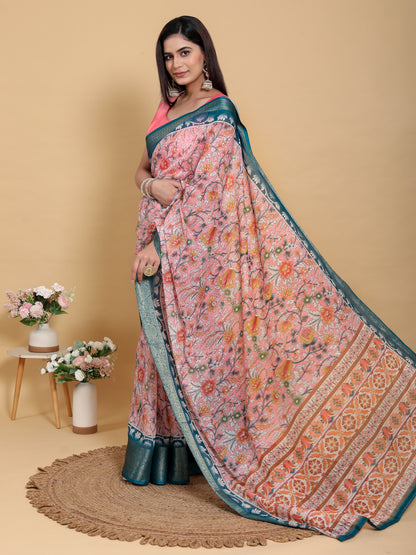 Rose Pink Floral Saree with Rich Teal Jacquard Woven Border for Women