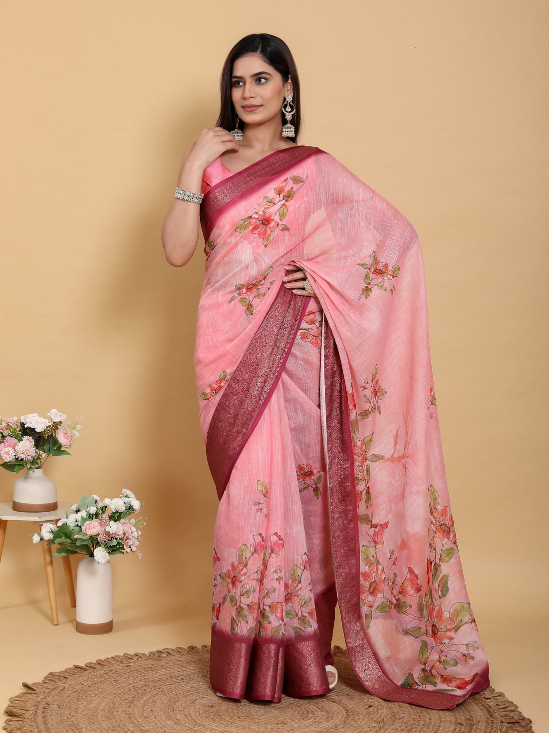 Pink Floral Linen Cotton Saree with Jacquard Border for Women